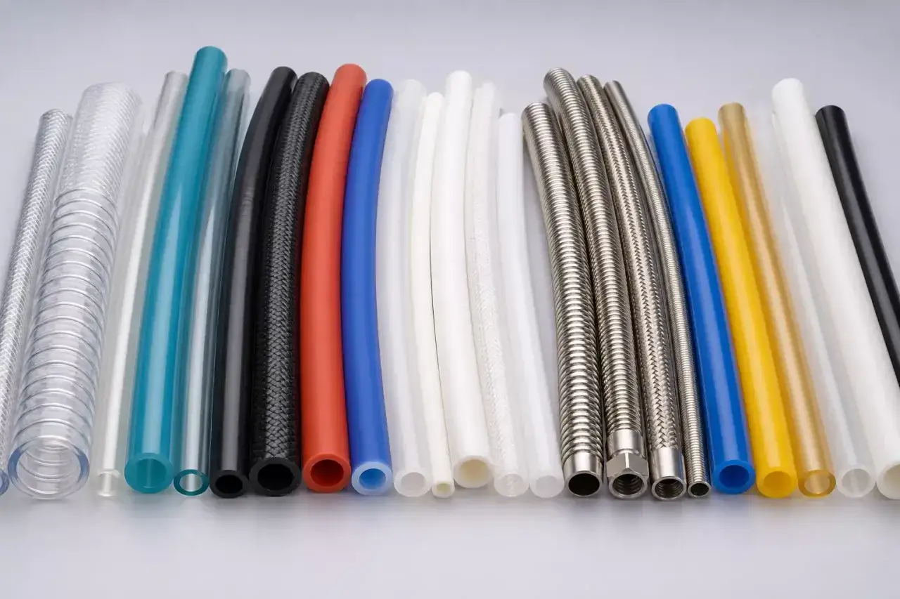 Gamme de tuyaux de différentes couleurs et matériaux, dont un tuyau renforcé en métal, pour diverses applications industrielles.