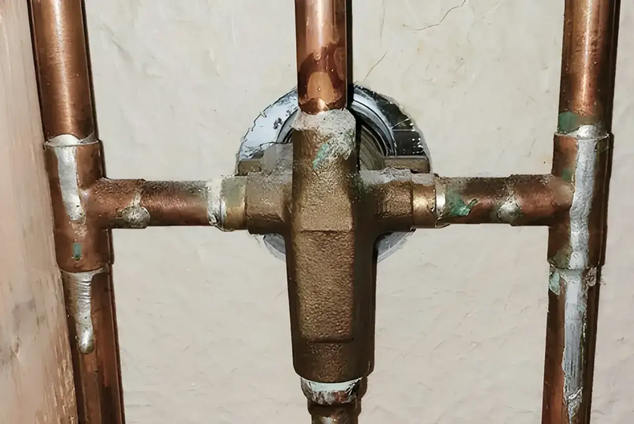 Plomberie en cuivre avec des traces de corrosion verte, signe potentiel d'eau acide. Les soudures semblent fragiles.