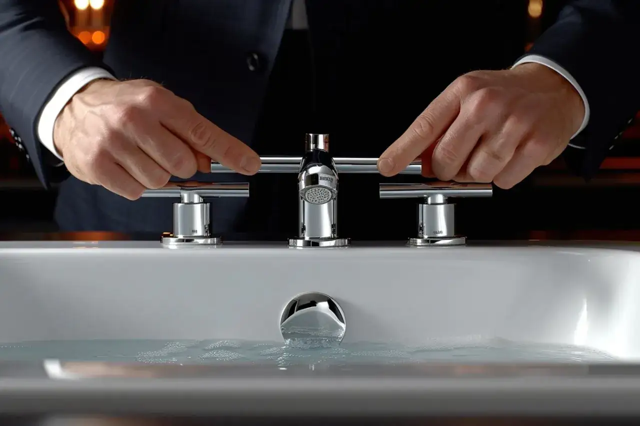 Mains d'un homme en costume ajustant un robinet de luxe, cr&eacute;ant une r&eacute;duction excentrique de l'eau dans une baignoire.