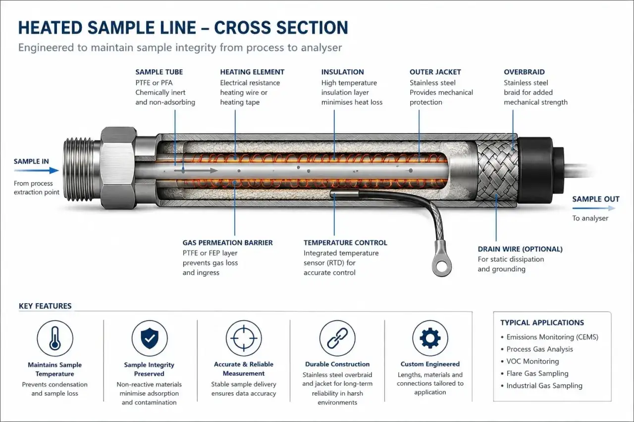 Coupe d'une sonde chauffante, montrant le tube d'&eacute;chantillon, l'&eacute;l&eacute;ment chauffant, l'isolation et la gaine ext&eacute;rieure pour maintenir l'int&eacute;grit&eacute; de l'&eacute;chantillon.
