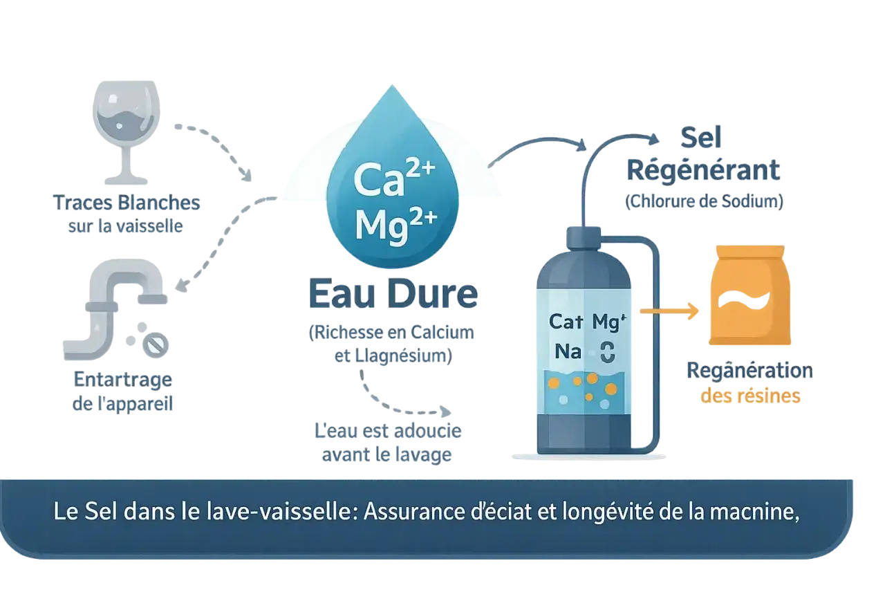 Schéma expliquant le rôle du sel régénérant dans un lave-vaisselle pour adoucir l'eau dure, éviter les traces et l'entartrage.