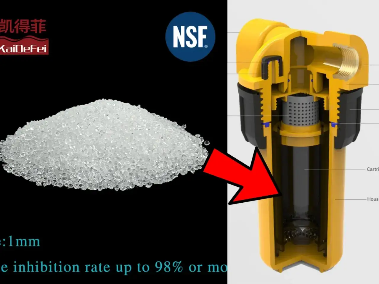 Granulés blancs, potentiellement du polyphosphate, pointés vers un filtre à eau NSF. Attention au danger du polyphosphate dans l'eau.