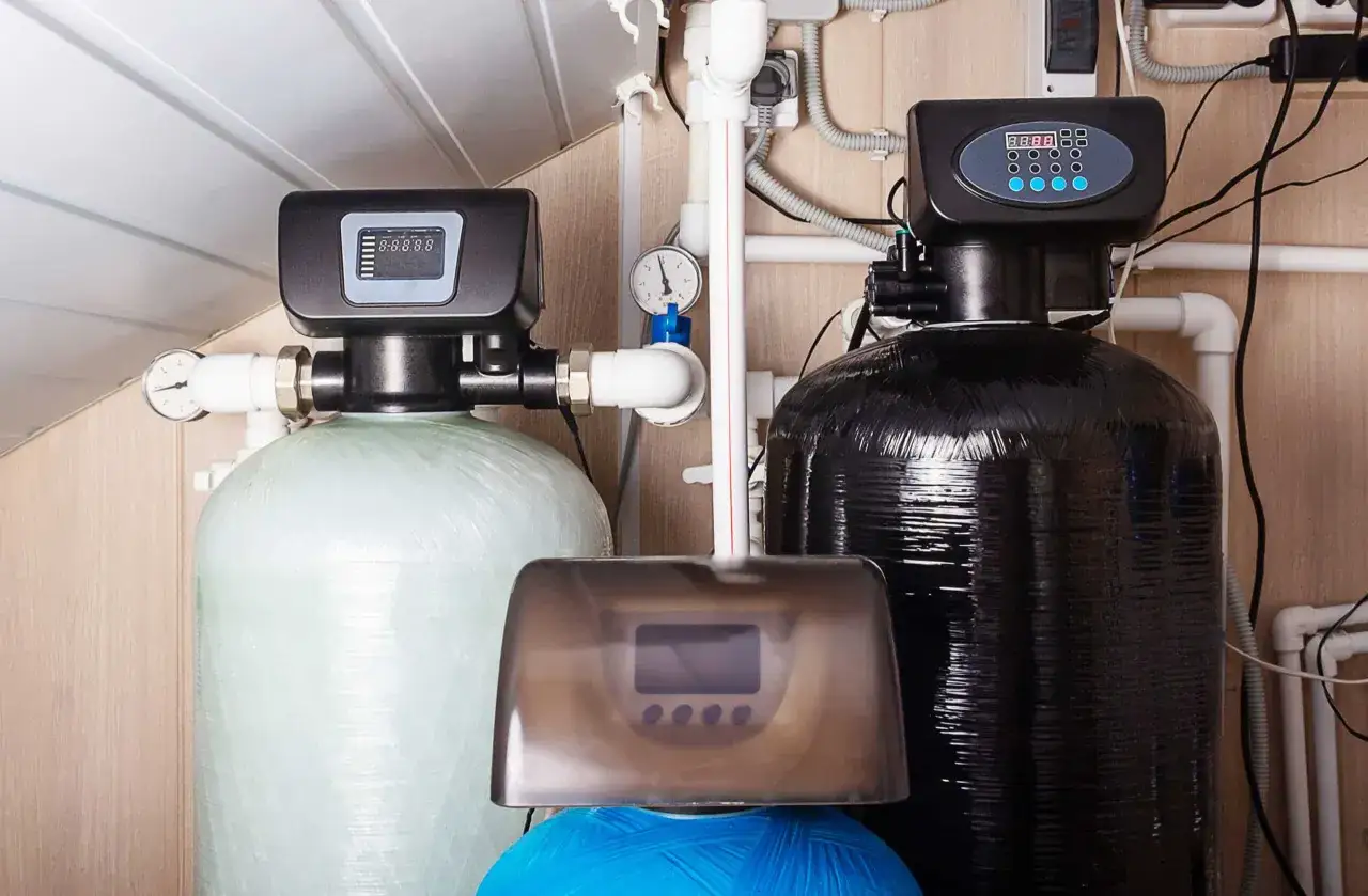 Système de traitement d'eau domestique, avec deux réservoirs, un manomètre et un panneau de contrôle numérique pour gérer le calcaire et l'eau.