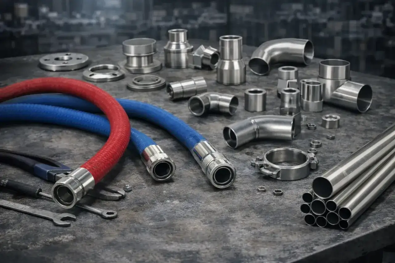 Ensemble de raccords en acier inoxydable, tuyaux rouges et bleus, et un raccord clamp.