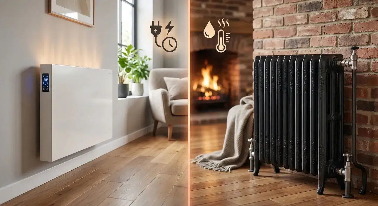 Moderne radiateur blanc vs. radiateur fonte noir. Comment choisir son radiateur électrique pour un intérieur cosy et bien chauffé.