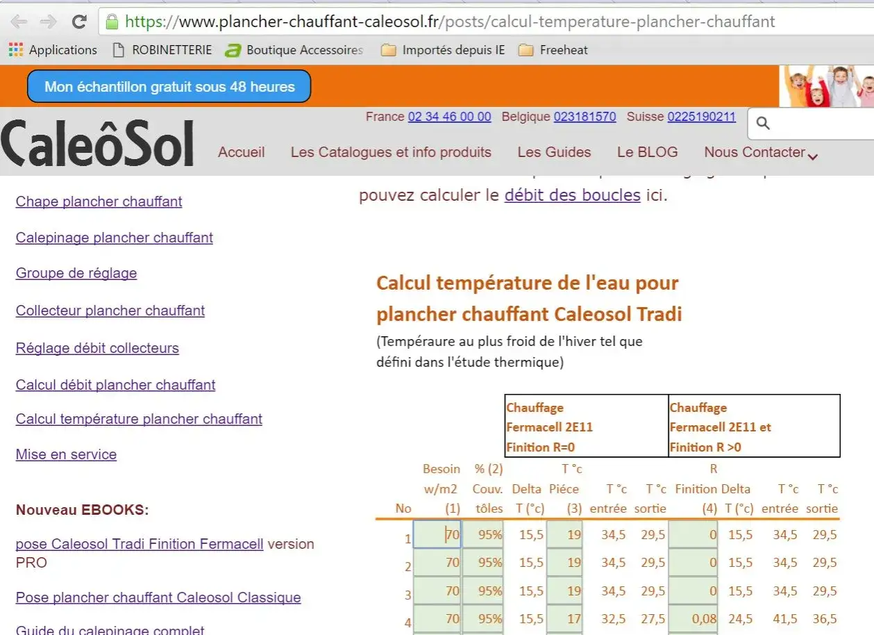 Tableau de calcul pour la température idéale plancher chauffant électrique Caleosol Tradi.