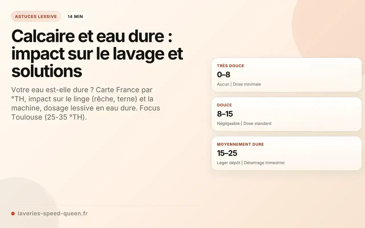 L'eau de source calcaire affecte le linge et la machine. Conseils pour le dosage de lessive en eau dure, avec des niveaux de dureté de 0 à 25 °TH.