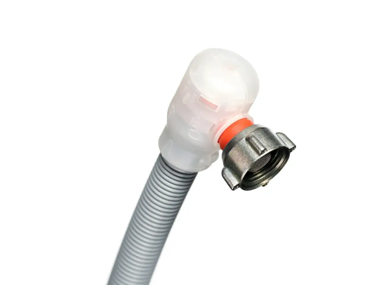 Rallonge femelle femelle pour lave-vaisselle, avec un raccord métallique et un tuyau gris ondulé.