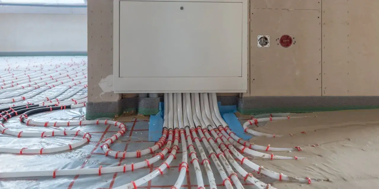 Installation de tubes pour comment tester un plancher chauffant électrique. Les tubes blancs sont fixés sur une grille et sortent d'un coffret blanc.