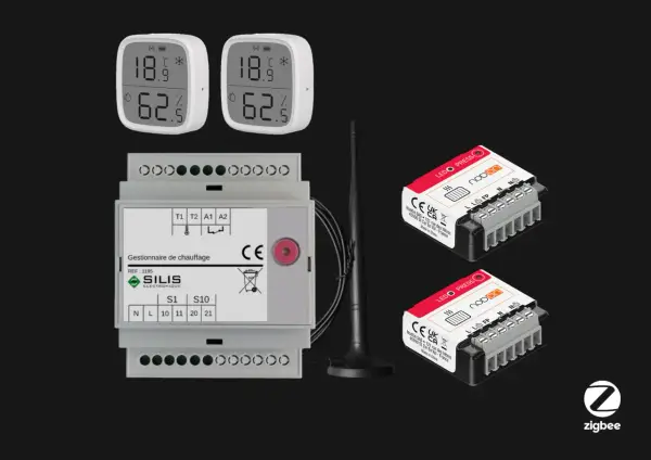 Gestionnaire de chauffage et capteurs pour une commande chauffage à distance sans internet. Le système utilise la technologie Zigbee.
