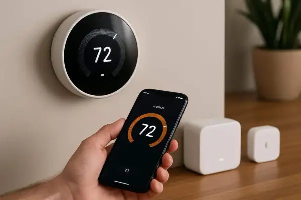 Thermostat intelligent contrôlé par smartphone, un exemple de domotique. La température est réglée à 72 degrés.