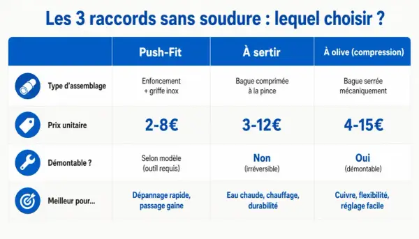 Tableau comparatif des raccords sans soudure : Push-Fit, à sertir, à olive. Idéal pour la plomberie sans soudure.