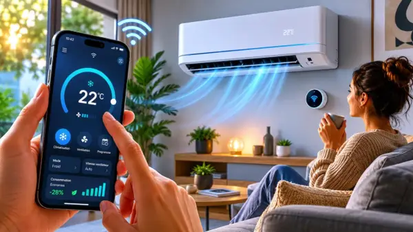 Une main utilise un smartphone pour piloter sa climatisation à distance, ajustant la température à 22°C. Une femme se détend sur un canapé.