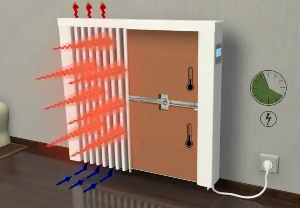 Illustration d'un radiateur diffusant de la chaleur. Pour 50m2, combien de radiateur faut-il ? L'image montre le fonctionnement d'un radiateur.