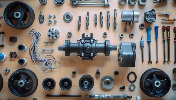 Vue éclatée de pièces mécaniques, dont une **tête électrovanne** centrale, des roues, des vis et des outils.