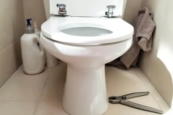 Préparez-vous à changer l'abattant WC. Nettoyants, serviette et pince à portée de main pour le bricolage.