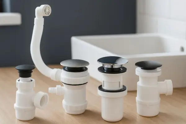 Ensemble de bondes de silicone pour évier, avec tuyau de vidange flexible et bouchons noirs et chromés.