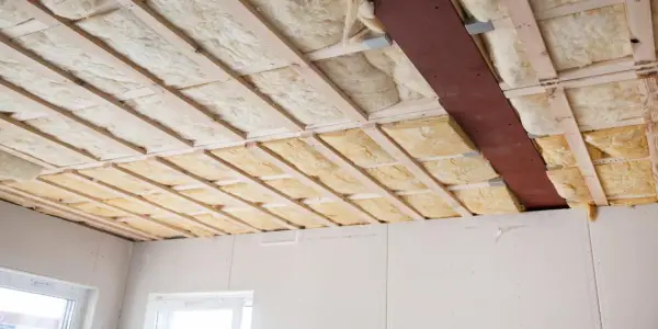 Isolation thermique plafond en cours d'installation, avec des panneaux de laine minérale entre les solives en bois.