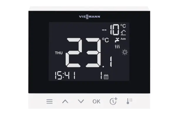 Thermostat Viessmann affichant 23.1°C, idéal pour une pompe à chaleur. Température extérieure -10°C.