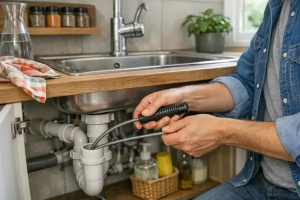 Un homme utilise une aiguille pour déboucher canalisation sous un évier de cuisine. L'outil flexible est inséré dans le siphon pour dégager le bouchon.