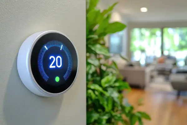 Thermostat intelligent affichant 20°C. Il illustre quel est le rôle de la domotique : optimiser le confort et l'efficacité énergétique de votre foyer.