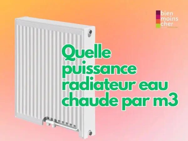 Radiateur blanc sur fond dégradé. Texte vert : "Quelle puissance radiateur eau chaude par m3". Logo "bien moins cher".