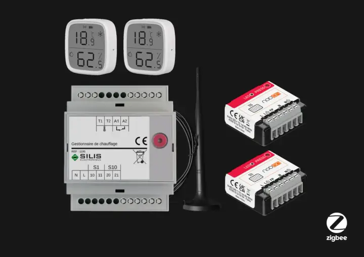 Gestionnaire de chauffage et capteurs pour une commande chauffage à distance sans internet. Le système utilise la technologie Zigbee.