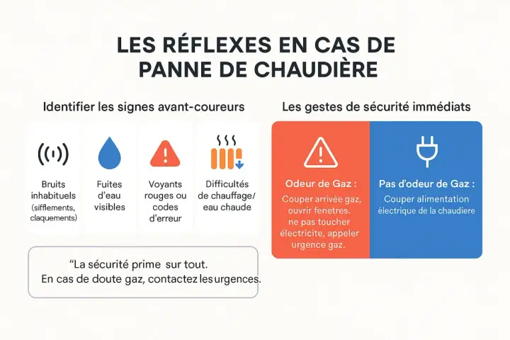 Guide sur les réflexes en cas de panne de chaudière fioul : bruits inhabituels, fuites, voyants rouges, difficultés de chauffage. Que faire si la chaudière fioul démarre puis s'arrête.