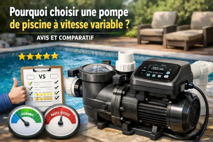 Comparatif pour choisir pompe piscine : une pompe à vitesse variable, un tableau d'avis, des indicateurs d'économie et de haute vitesse.