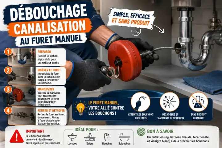 Un homme utilise un furet manuel pour le nettoyage d'un tuyau bouché sous un évier. Méthode simple et efficace.