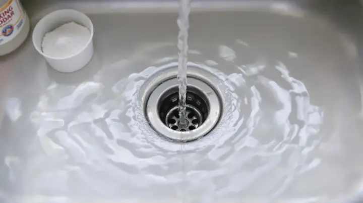 Eau courante dans un évier avec du bicarbonate de soude à côté, une méthode simple pour comment déboucher un évier.