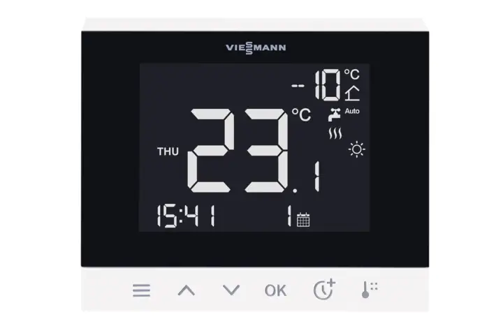Thermostat Viessmann affichant 23.1°C, idéal pour une pompe à chaleur. Température extérieure -10°C.