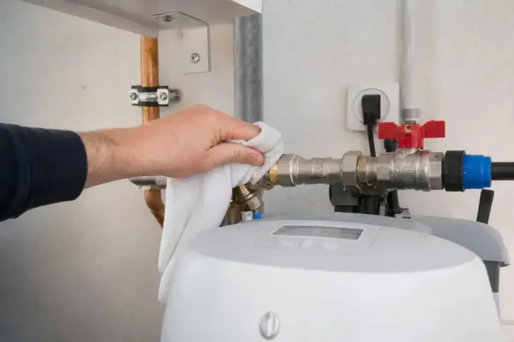 Main d'homme essuyant avec un chiffon blanc les tuyaux métalliques d'un adoucisseur d'eau, partie d'un entretien régulier.
