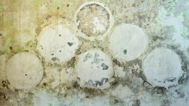 Mur sale avec des taches vertes et noires. Des cercles blancs, certains abîmés, suggèrent un placo moisi. Faut-il le changer ?