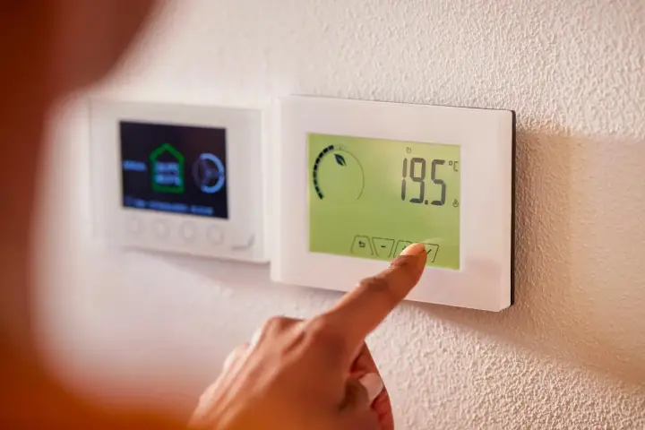 Main d'une personne ajustant un thermostat intelligent, symbole de la domotique sans fil. Confort et efficacité énergétique à portée de main.