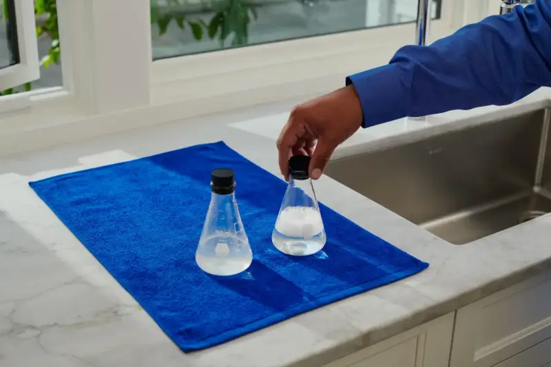 Main tenant une fiole pour mesurer th eau, posée sur une serviette bleue à côté d'une autre fiole.