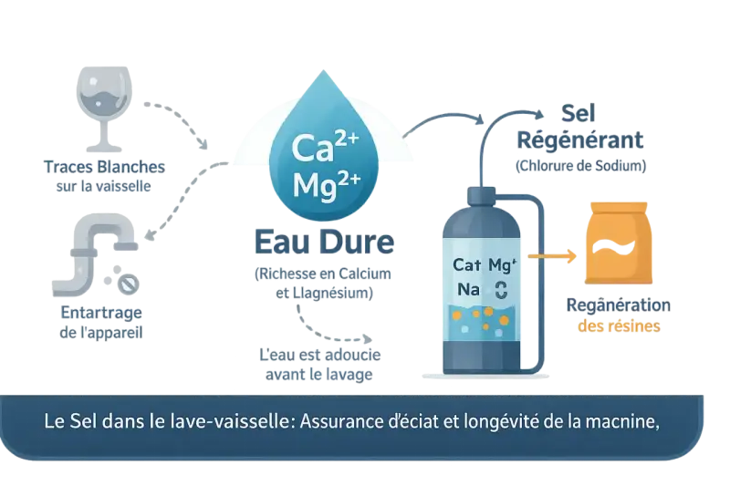 Schéma expliquant le rôle du sel régénérant dans un lave-vaisselle pour adoucir l'eau, éviter les traces et l'entartrage.